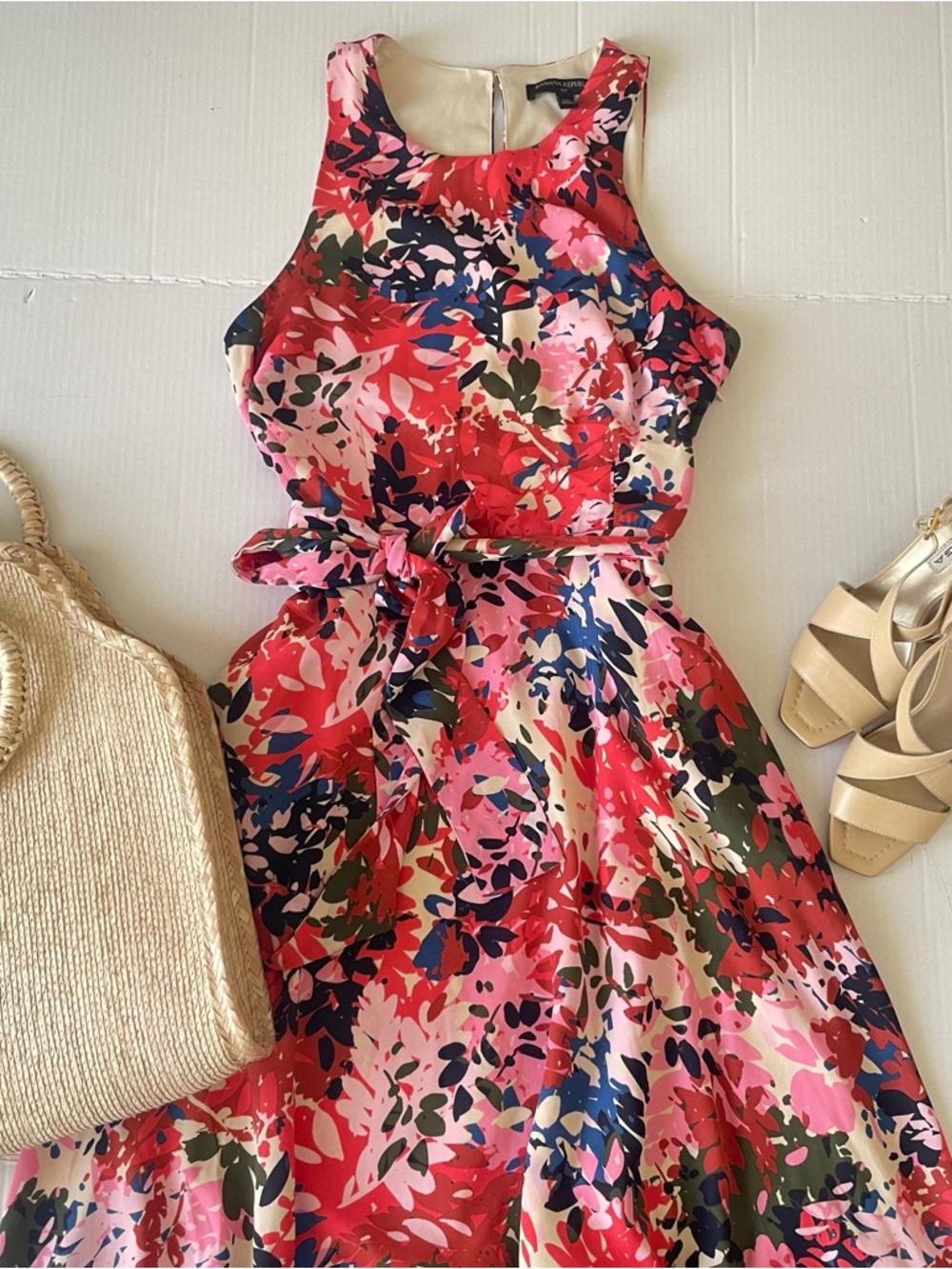 Banana Republic Red Floral Sleeveless Dress with Pink & Navy Accents Fully Lined
